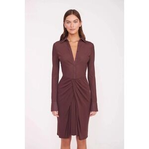 STAUD Dress Medium Brown Mesh Brendan Collared Ruched Shirt Midi Designer Luxe